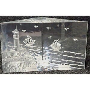 Triangle Shaped Paperweight Etched Lighthouse Sailing Ships Seagulls